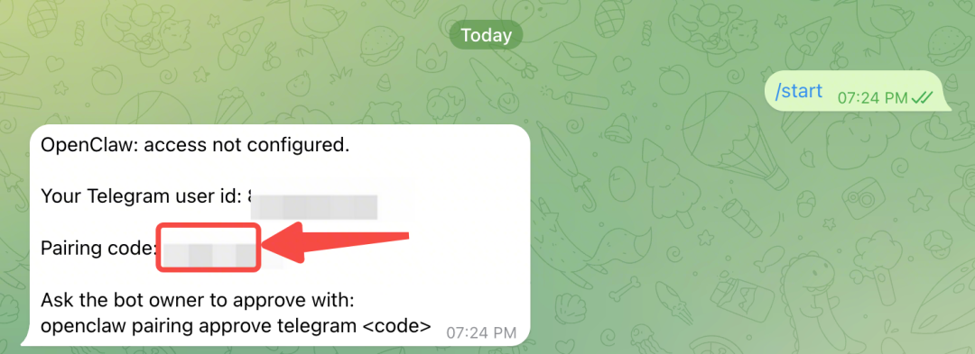 机器人回复消息，显示未配置访问权限及配对码