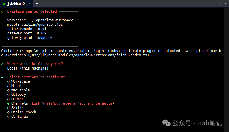 OpenClaw配置菜单，选中Channels选项