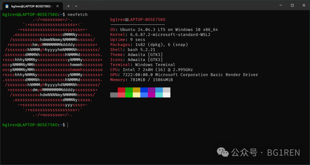 Windows Terminal 默认配色下的 neofetch 输出