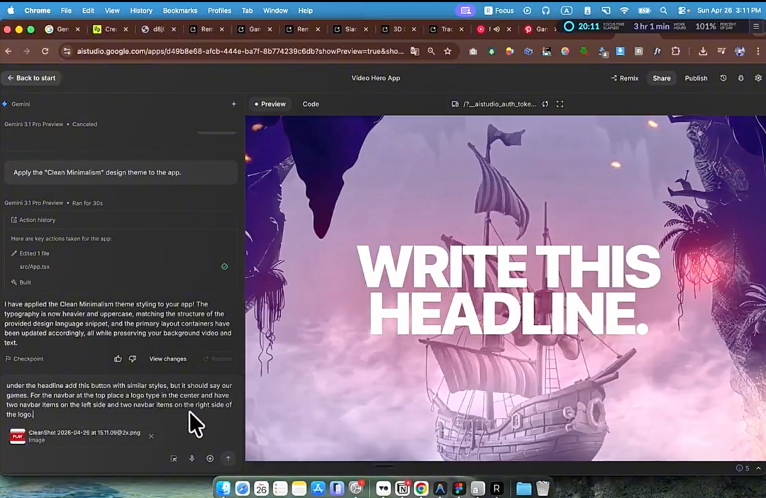 Aistudio平台的Video Hero App预览界面，左侧为代码面板，右侧展示带紫色调海盗船插画与文字的页面效果
