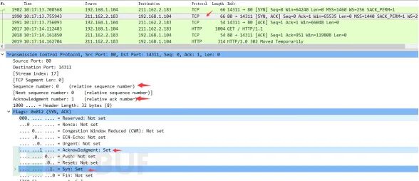 Wireshark第二次握手SYN+ACK数据包详情