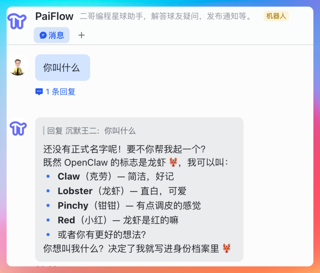 飞书聊天截图，显示为AI助手起名PaiFlow