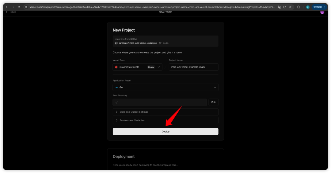 Vercel 项目配置确认页面,已识别为 Go 项目