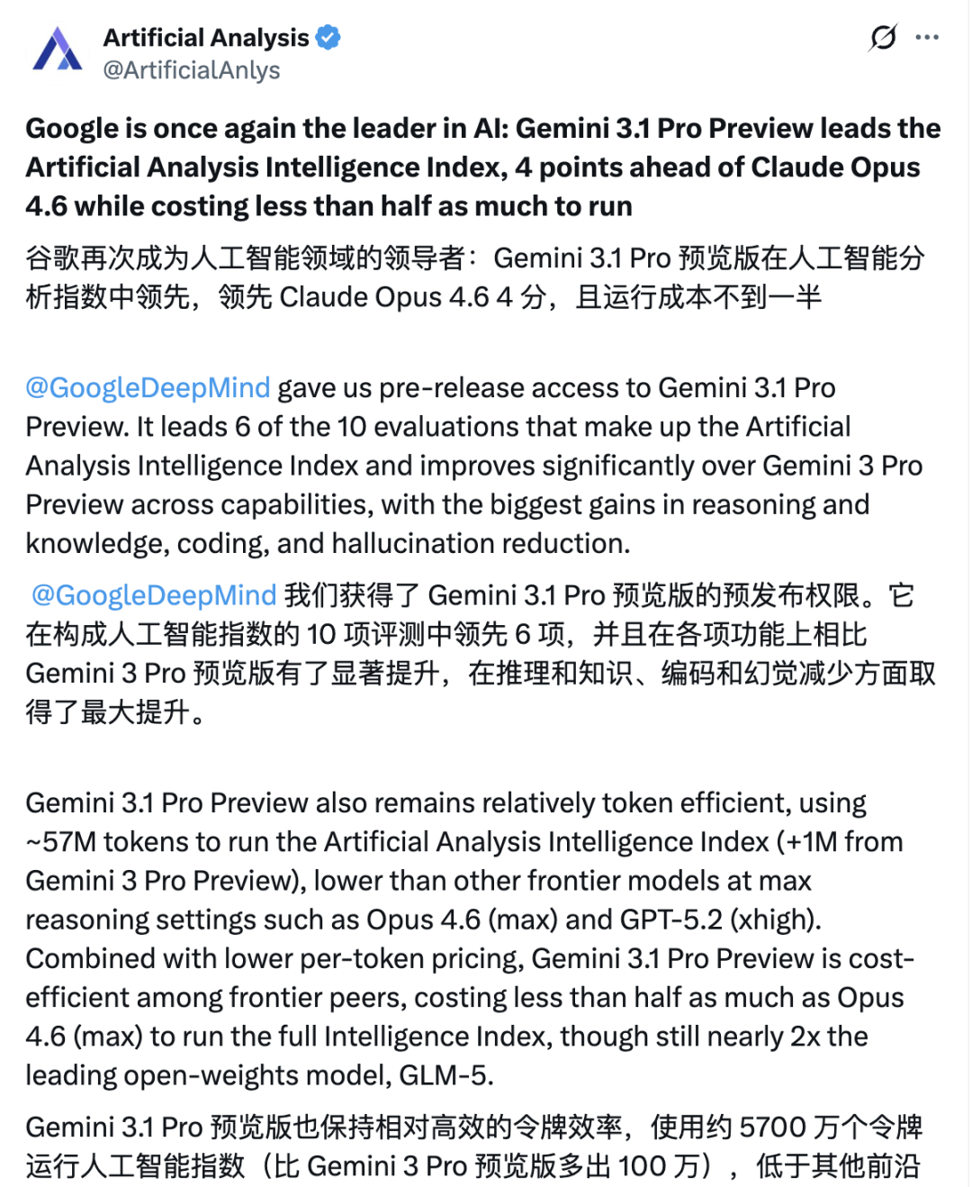 第三方评估显示 Gemini 3.1 Pro 性能领先且成本更低