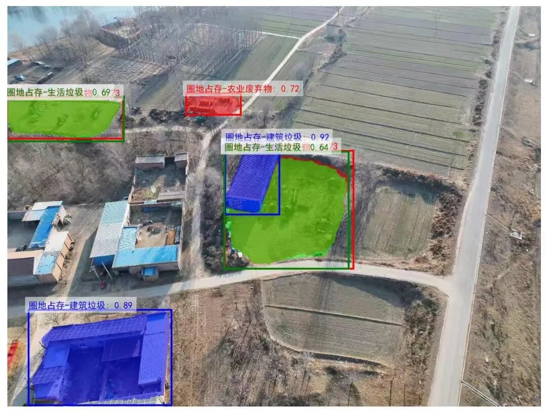 一张航拍图像，图中标注了多种废弃物存放区域