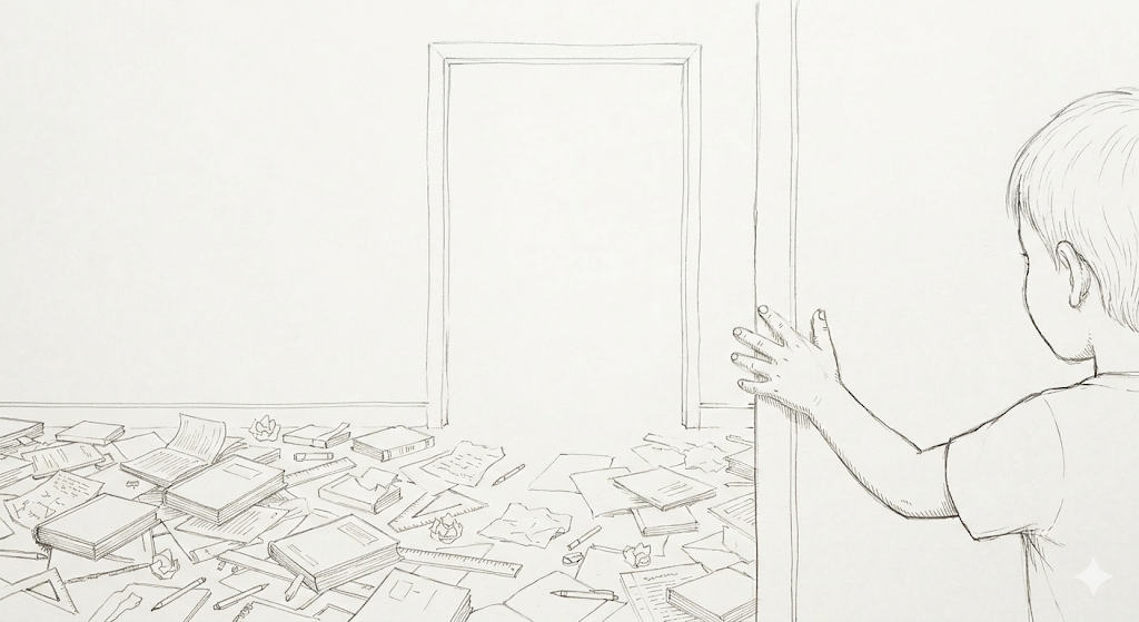 一个男孩推开门，门外散落着书本，隐喻对传统教育的审视