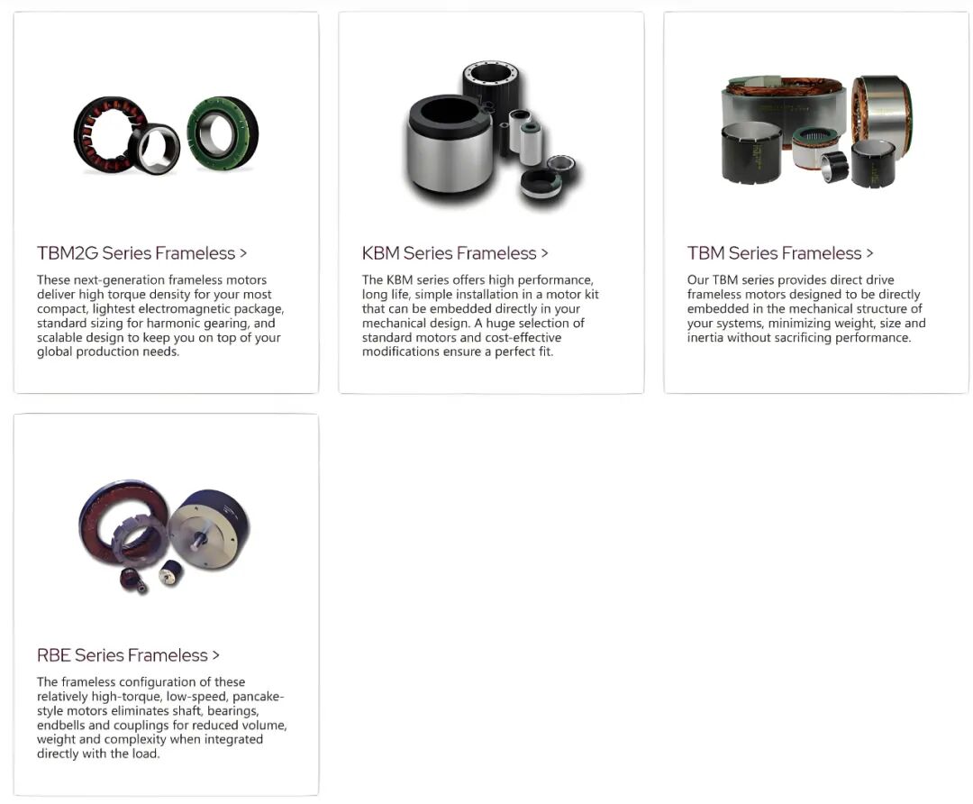科尔摩根无框力矩电机TBM2G、KBM、TBM、RBE系列产品图