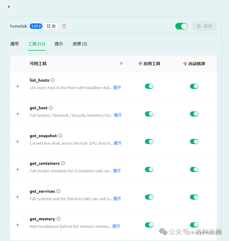 MCP 客户端界面截图,展示了 homeLab 服务提供的所有可用工具列表及其启用状态