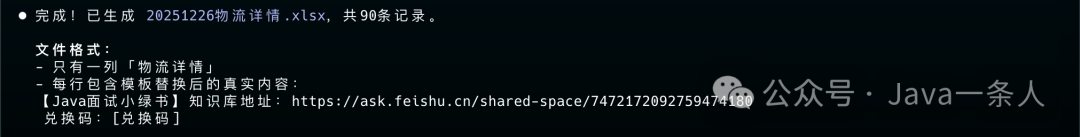 终端界面显示“完成！已生成 20251226物流详情.xlsx，共90条记录”，含文件格式说明