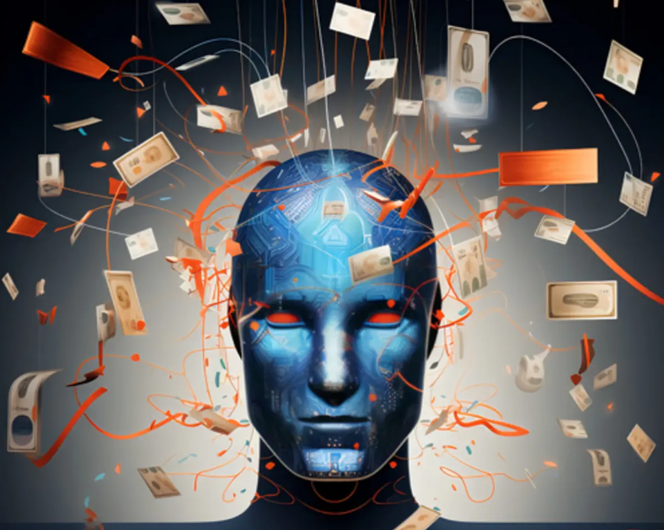 一个蓝色的机械人头,周围漂浮着钞票与电子设备碎片