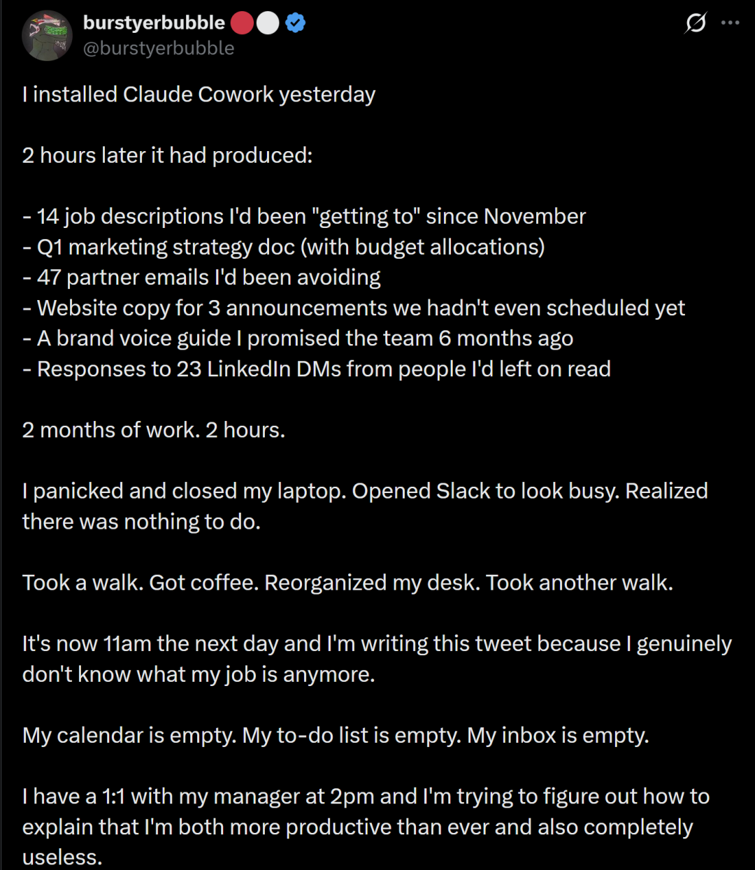 网友分享Claude Cowork高效完成工作的推文截图1