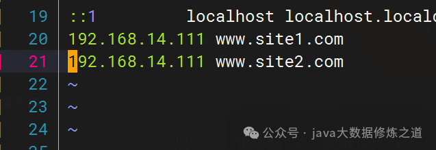 /etc/hosts 文件内容截图,显示了为 www.site1.com 和 www.site2.com 添加的 IP 映射记录