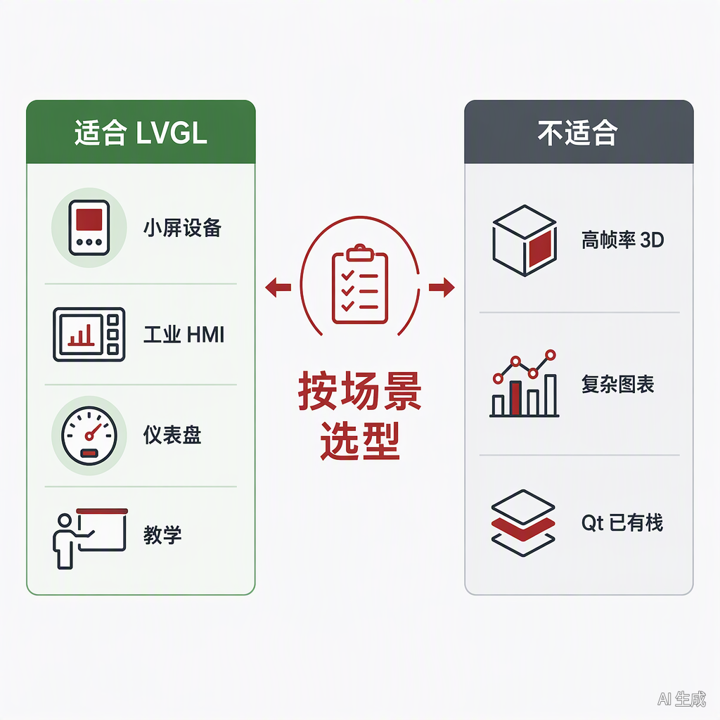 LVGL 适用场景与不适用边界对比:左适合列小屏、HMI、仪表盘、教学,右不适合列高帧率 3D、复杂图表、Qt 已有栈