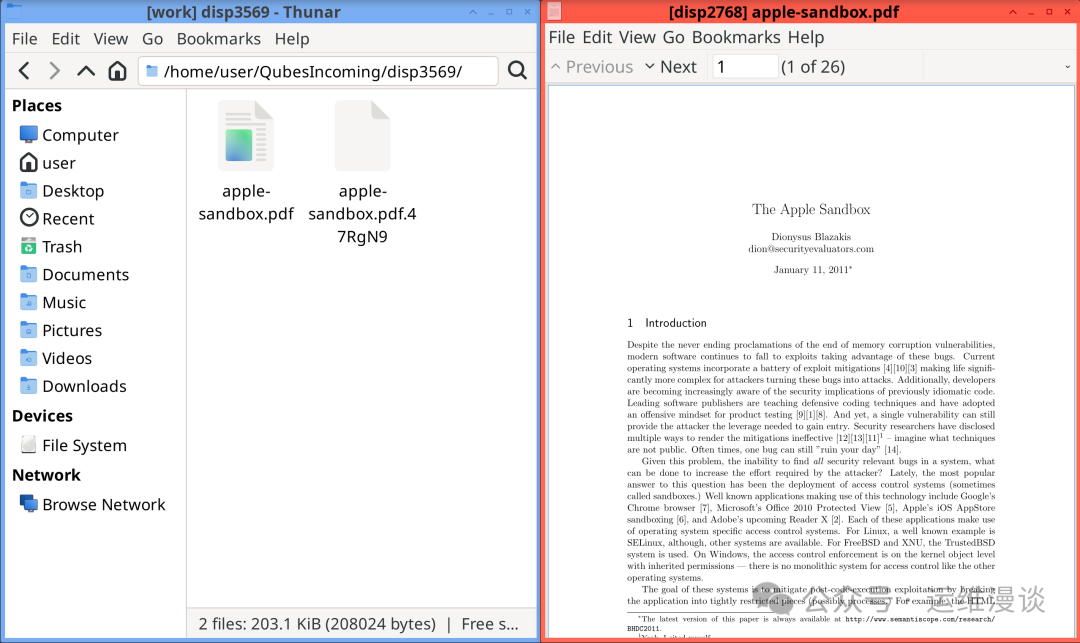 Qubes OS 中 Disposable VM 的文件管理器与PDF阅读器分屏截图