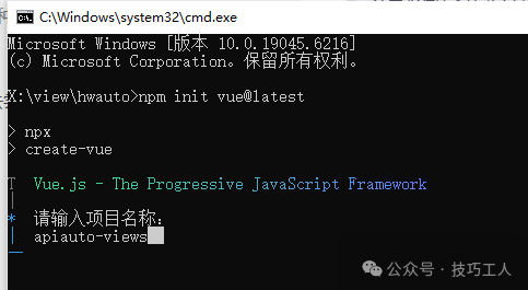 命令行创建 Vue 项目,输入项目名称 apiauto-views
