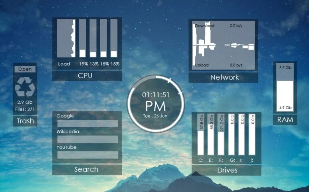 Rainmeter 桌面小工具界面显示 CPU 负载与系统资源使用情况