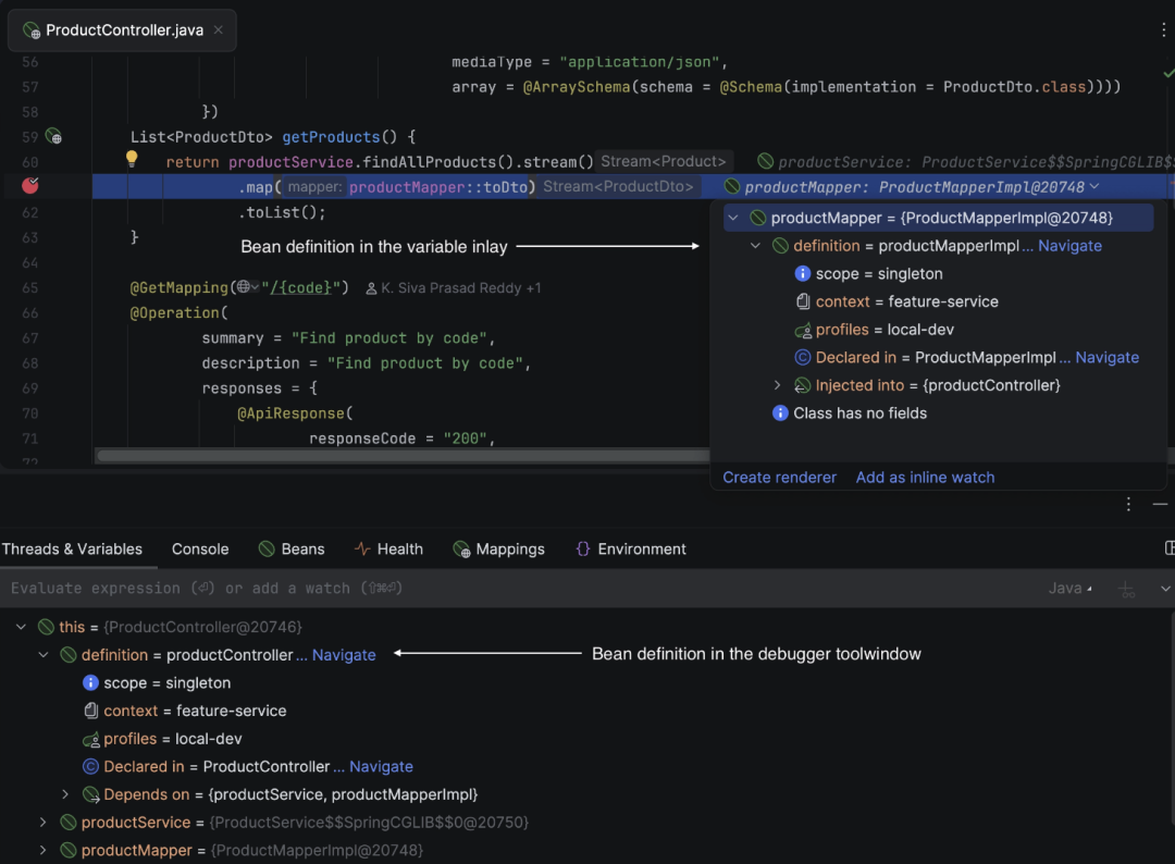Spring Boot 应用调试界面，显示Bean定义与变量信息