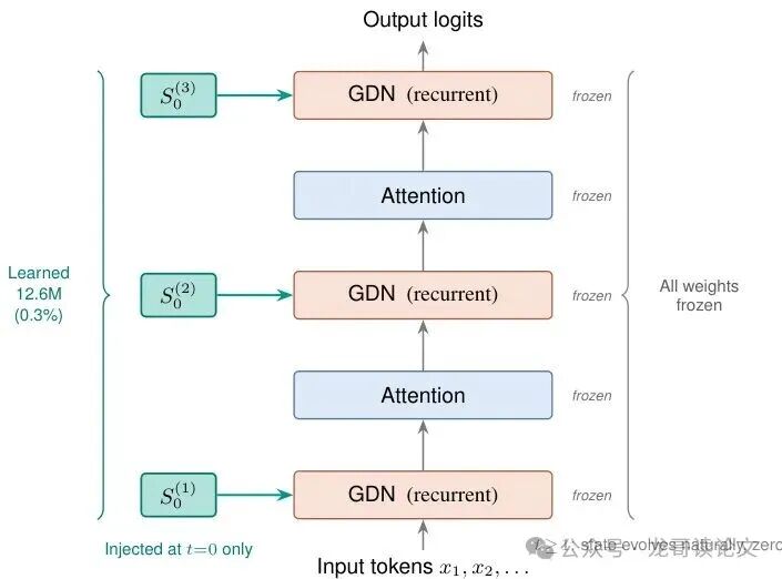 S0 Tuning计算图:学习到的初始状态S0仅在第一个词元前注入