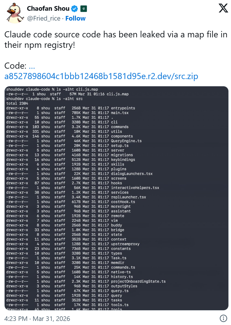 Claude Code源码泄露的社交媒体推文与终端文件列表截图