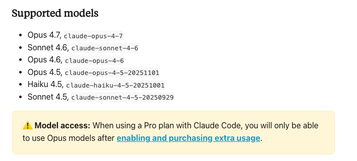Claude Code支持的模型列表界面截图，底部黄色警告框提示Pro用户需额外购买才能用Opus