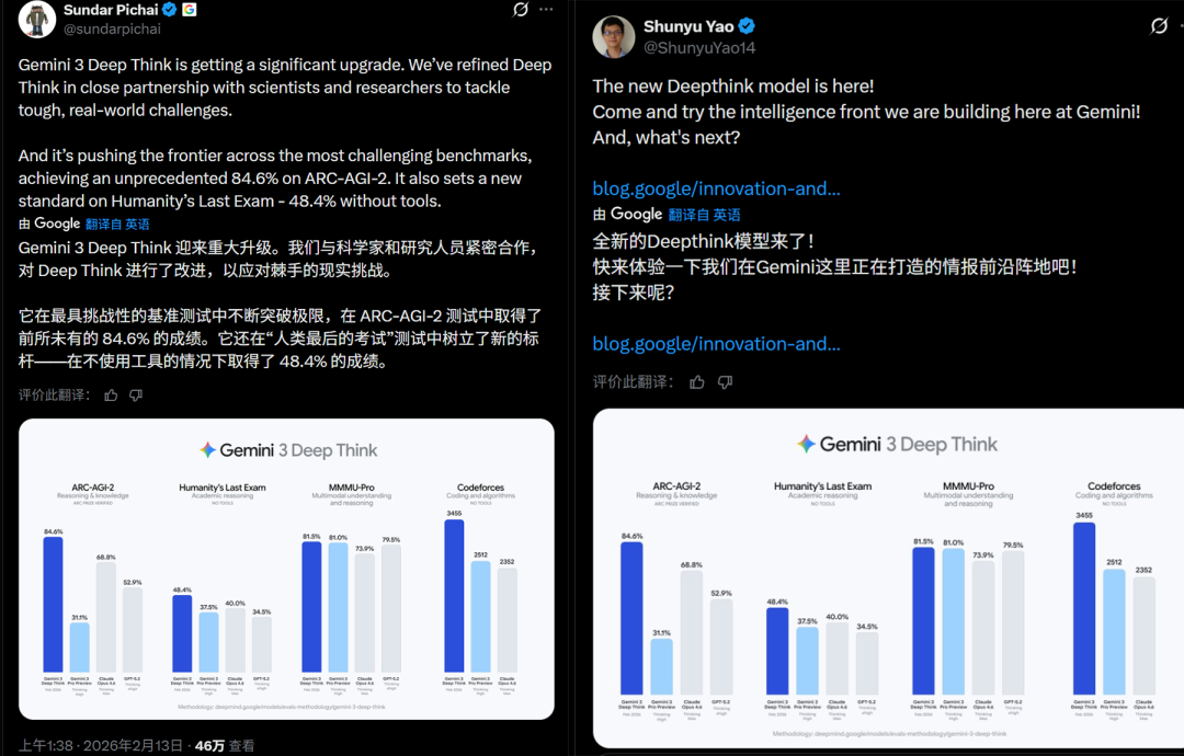 谷歌CEO Sundar Pichai（左）与研究员姚顺宇（右）的社交媒体发文截图