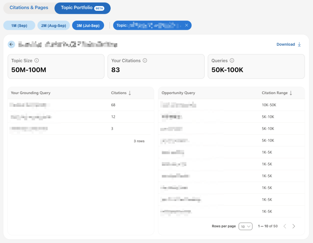 Topics Portfolio BETA 仪表板截图，展示 Topic Size、Your Citations 和 Opportunity Query 等核心指标