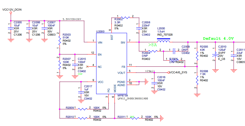 MP8759 为核心的 12V 转 4V 降压电路