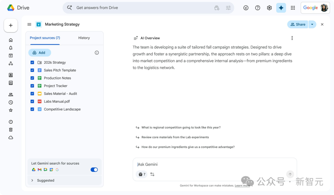 Google Drive的AI Overview界面，展示项目源和关键问题