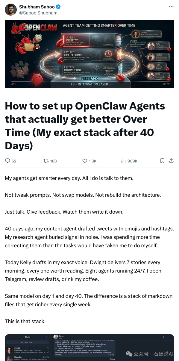 Shubham Saboo关于OpenClaw Agent的社交媒体帖子截图