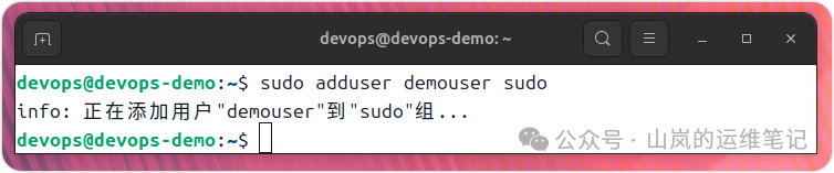 将用户demouser添加到sudo组赋予管理员权限