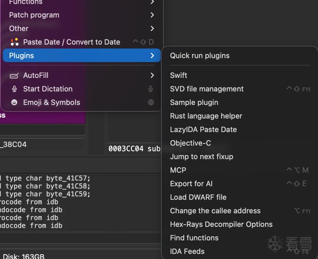 深色主题软件界面截图，右侧展开Quick run plugins子菜单，列出了Swift、Rust language helper、LazyIDA等多个插件名称