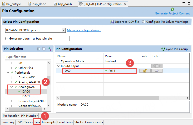 FSP引脚配置界面,选择P014为DAC0输出引脚