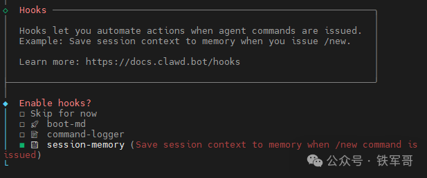 Hooks功能说明与选项，session-memory被选中