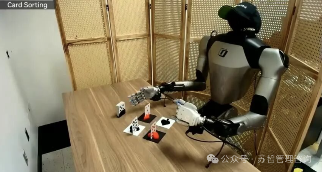 类人机器人头戴黑色帽子在木桌旁进行纸牌分类任务