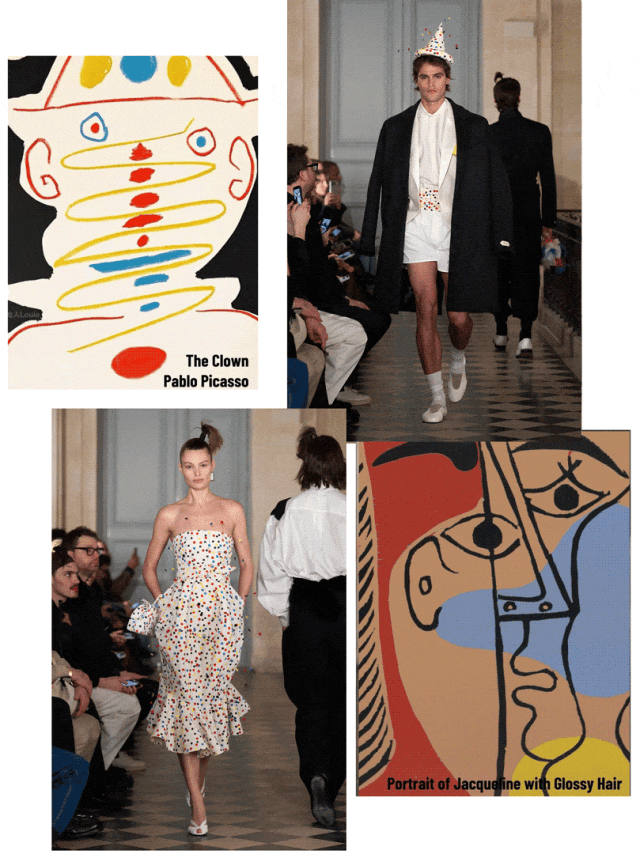 拼贴风格的图片集合，包含两组对比内容：左上角为毕加索《小丑》（The Clown）的彩色抽象画作，右上角为男模在T台上走秀，头戴纸帽、身穿黑外套配白短裤；左下角为女模穿波点鱼尾裙走秀，背景有观众；右下角为毕加索《雅克琳娜肖像（ glossy hair）》（Portrait of Jacqueline with Glossy Hair）的抽象画，以红、蓝、黄、黑为主色；第二组图片中，左上为1973年帕洛玛·毕加索黑白照片，手持酒杯，文字标注“Paloma Picasso, 1973 Photo by Helmut Newton”；右上为黑裙女模与白衣男模同台走秀；左下为戴宽檐帽、穿黑白拼接裙装的女模与穿白裙的女模同行；右下为毕加索另一幅以黑黄为主色调的抽象人物画。整体呈现艺术作品与时尚秀场的视觉呼应关系。