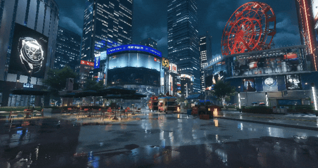 《异环》游戏中夜晚雨后都市街景GIF，霓虹灯牌与湿漉漉地面