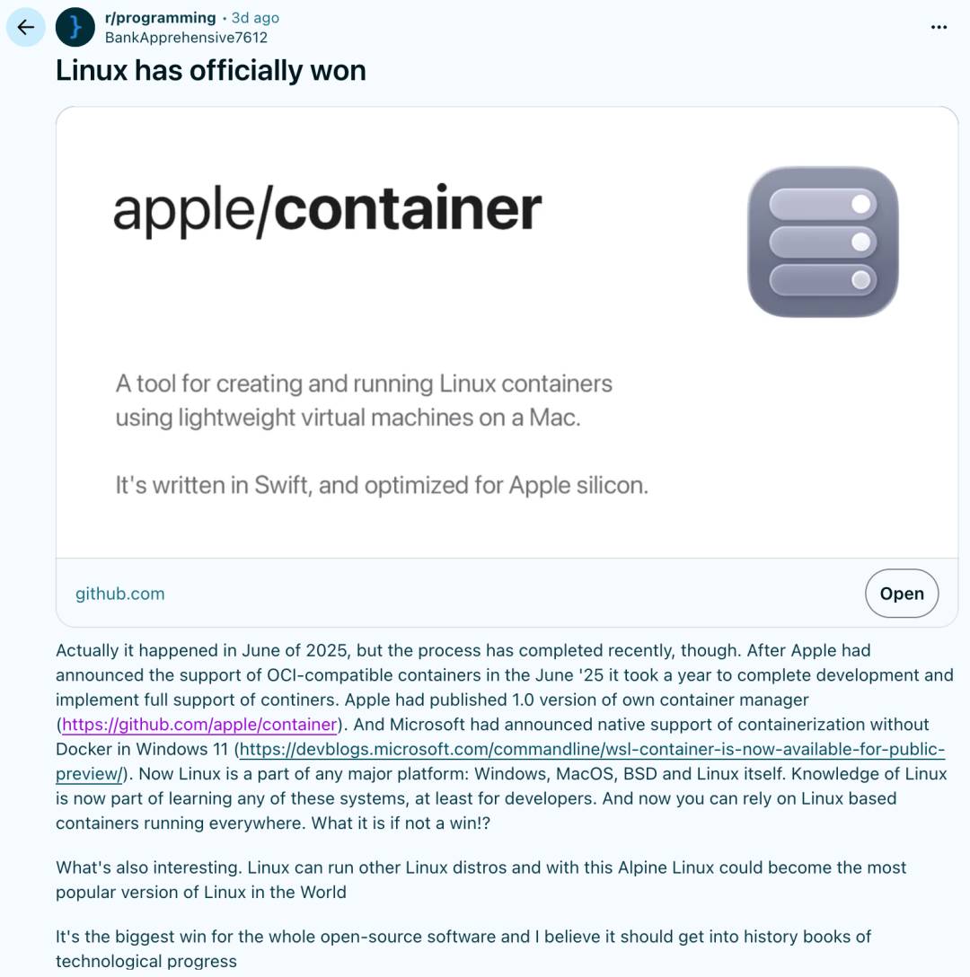Reddit帖子：Linux has officially won，附带apple/container工具卡片