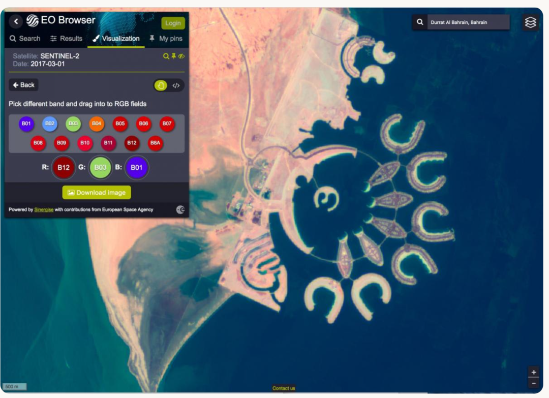 EO Browser界面,展示巴林人工岛屿的Sentinel-2假彩色合成影像