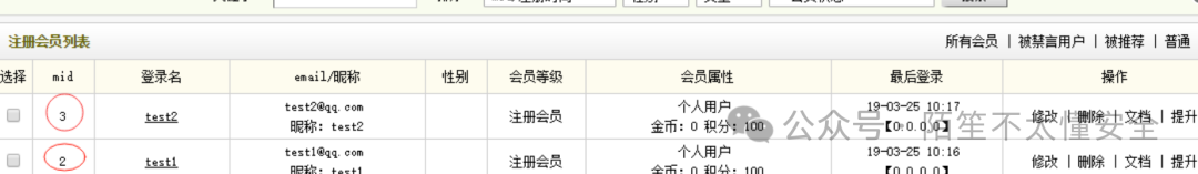 DedeCMS会员管理列表,显示test1和test2账户