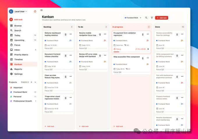 Pomodoist Kanban 看板界面，Backlog、To Do、In progress、Done 任务列