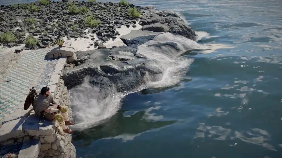 角色坐在海边堤岸