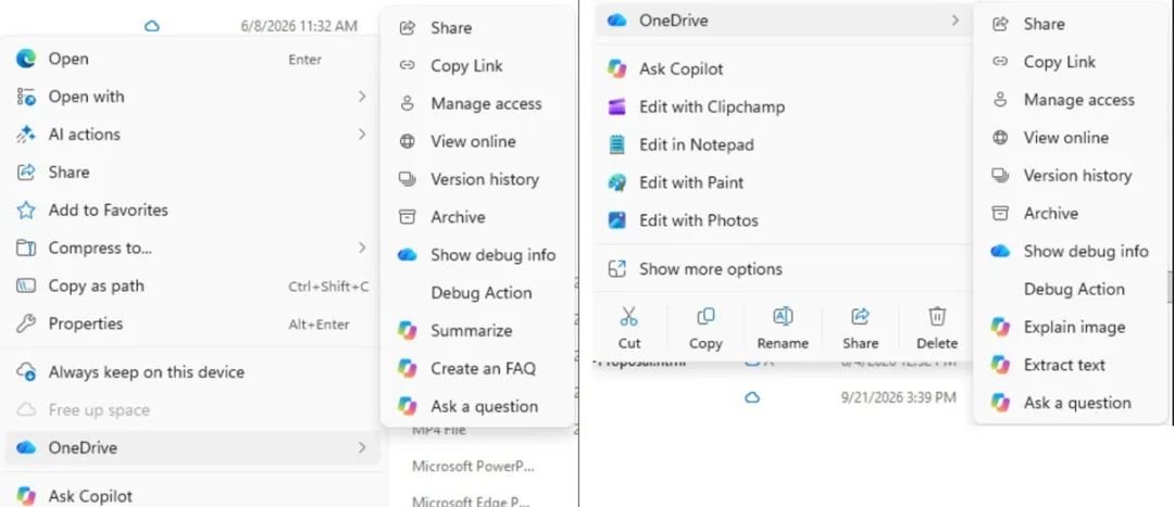 Windows 11文件资源管理器右键菜单对比:OneDrive Copilot操作入口变化