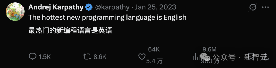 Karpathy名言“最热门的新编程语言是英语”的推文截图