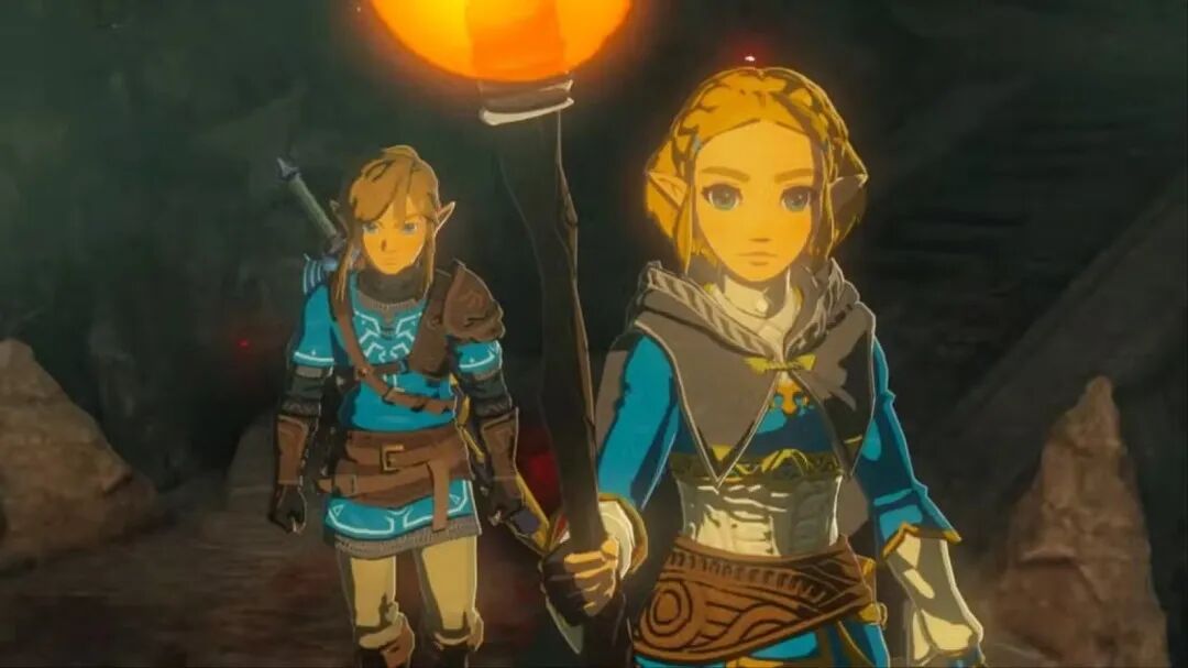 《塞尔达传说》游戏截图,林克与塞尔达在洞穴中