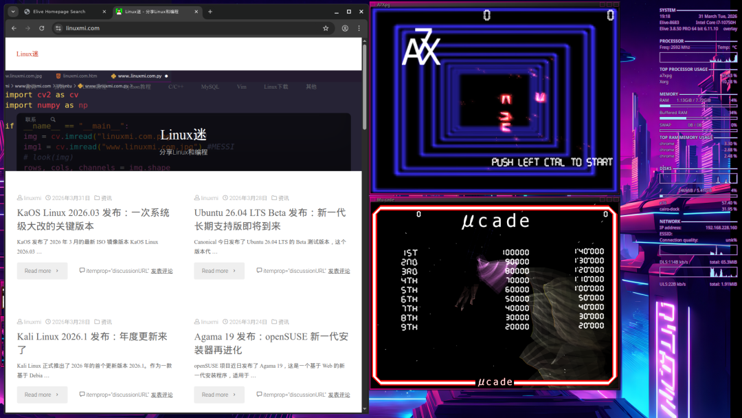 Elive 桌面运行网页浏览器与系统监控面板
