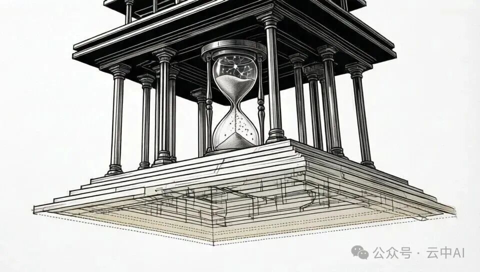 象征AI技术传承与时间流逝的沙漏建筑插画