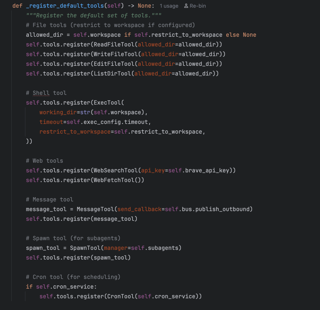 _register_default_tools方法，注册文件、Shell、网络等默认工具集