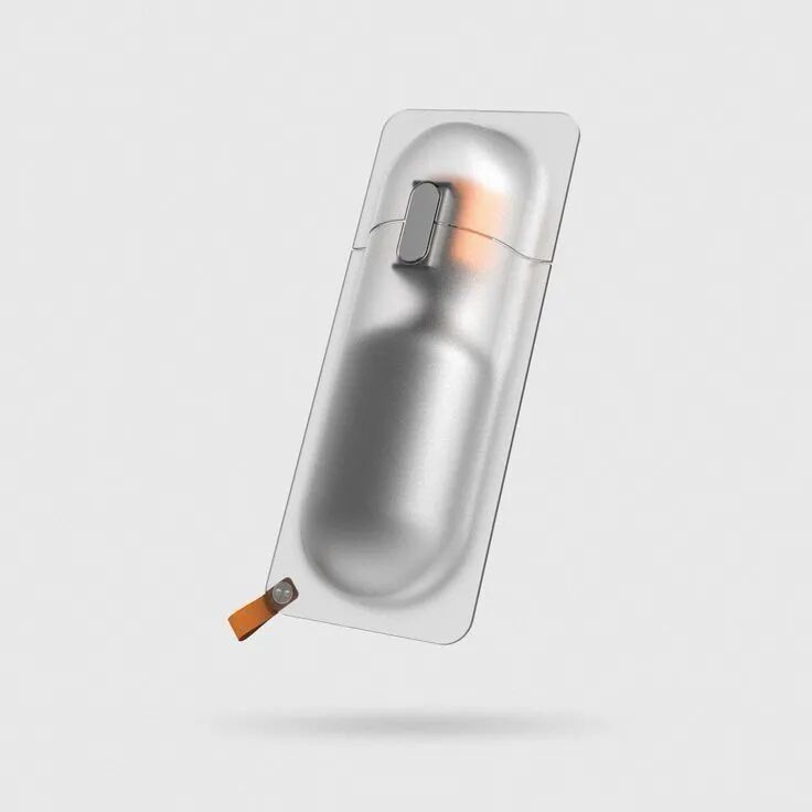 银色胶囊状便携设备封装于透明壳中