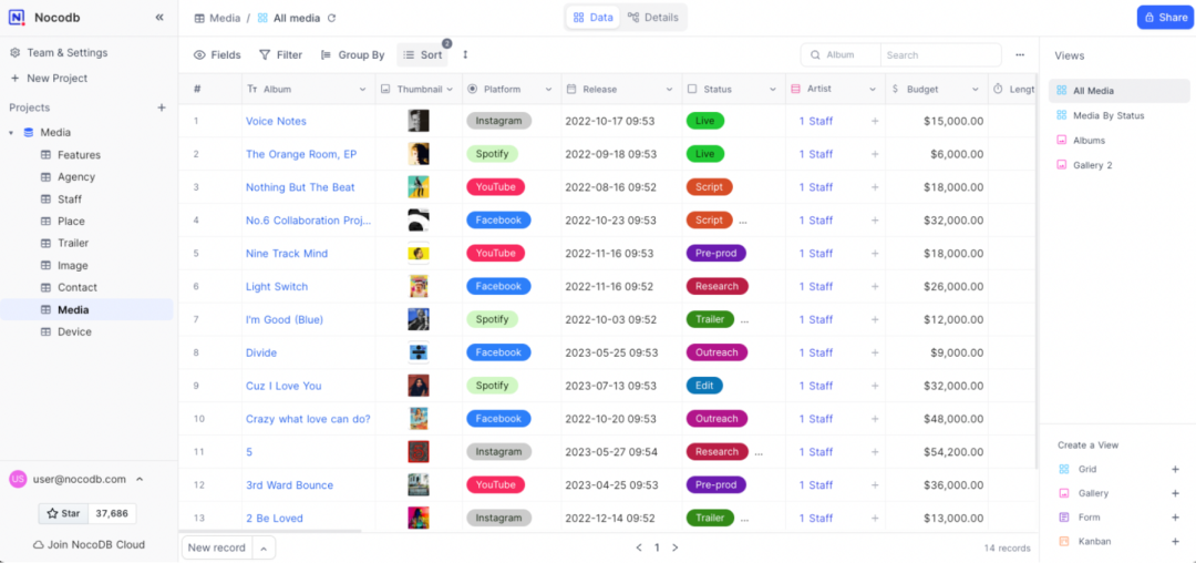 NocoDB媒体管理列表视图
