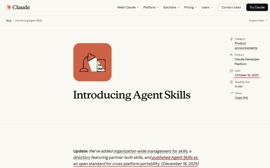 Anthropic 官方博客“Introducing Agent Skills”截图